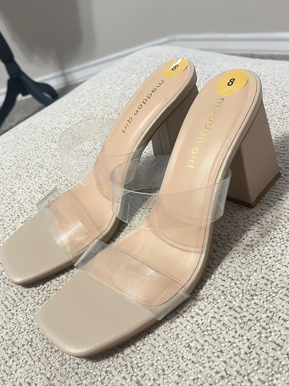 Madden Girl Nude Block Heel with Clear Straps